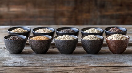Poster - Variety of whole grains like quinoa, barley, and oats arranged in small bowls on a rustic wooden table, showing rich textures and earthy tones