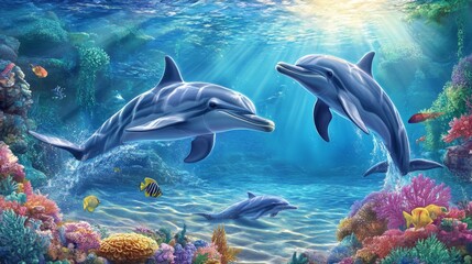 Aufkleber - Underwater view of dolphins gliding through sunlit water, creating a calm and magical scene in their natural habitat