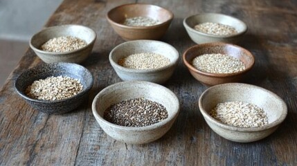 Poster - Variety of whole grains like quinoa, barley, and oats arranged in small bowls on a rustic wooden table, showing rich textures and earthy tones