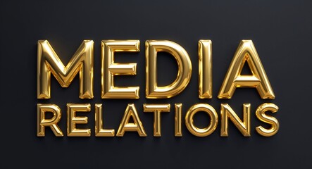 Poster - media relations word gold metallic shiny lettering on plain black background