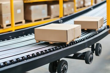 Wall Mural - Inventory flow in distribution concept. A conveyor belt transports cardboard boxes in a warehouse, showcasing an efficient logistics process for handling packages.