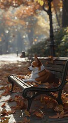 Wall Mural - A corgi dog sits on a park bench covered in autumn leaves.