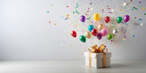 Wall Mural - Celebratory Surprise A Gift Box Adorned with Colorful Balloons and Festive Confetti