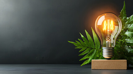 Poster - Illuminating innovation light bulb among ferns home office decor minimalist background warm glow concept