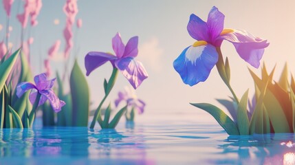 Wall Mural - Purple irises emerge from calm blue water at sunset, pastel pink flowers in background.