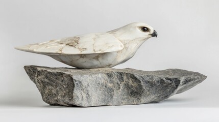 Elegant white marble falcon sculpture perched on a dark grey stone base, isolated on white background.