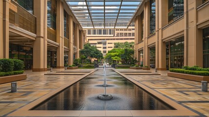 Poster - Tranquil courtyard with fountain, modern architecture, and lush greenery.