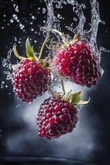 Wall Mural - Three ripe raspberries splashing into water, showcasing their juicy texture and vibrant color against a dark background.