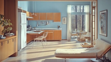 Wall Mural - Sunlit mid-century modern kitchen and living area with wood cabinets, white appliances, and a chaise lounge.