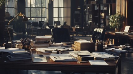 Poster - Sunlit messy office desk with paperwork, stationery, and chairs in a large room with windows.