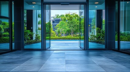 Wall Mural - Open glass doors to a lush green courtyard.