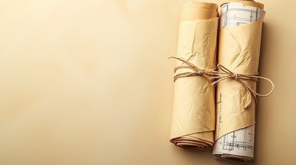 Architectural blueprints rolled and tied with twine on a neutral background for design projects and planning