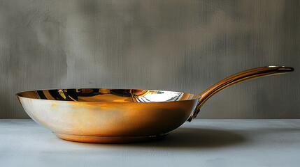 Golden copper frying pan with long handle sits on a grey surface against a textured background.