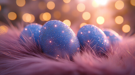 Wall Mural - Sparkling blue Easter eggs resting on soft pink feathers with glowing bokeh lights in the background, symbolizing celebration, joy, renewal, spring, and festive holiday atmosphere.