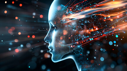 Poster - Futuristic digital portrait of a cybernetic human virtual space graphic art sci-fi environment side view technology concept