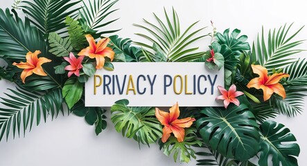 Wall Mural - privacy policy lettering with tropical plants leaves and flowers design on plain white background