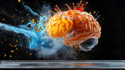 Poster - Explosive brain artistry colorful abstract brain with paint splashes studio setting digital artwork creative perspective