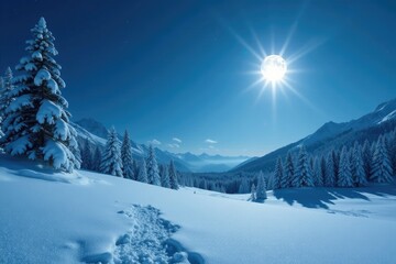 Wall Mural - Snowy landscape with the moon shining down on a blanket of white, winter, snow