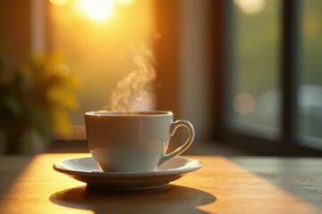 Wall Mural - Warm golden light falls on minimalist coffee cup, light, morning