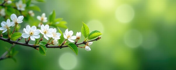 Wall Mural - Blooming tree branches with delicate white flowers, greenery, foliage