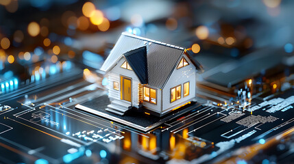 Poster - Innovative smart home technology digital landscape 3d model modern living aerial view futuristic concepts