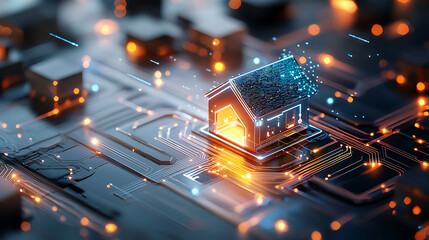 Poster - Innovative smart home technology integration digital landscape 3d render futuristic environment close-up conceptual design