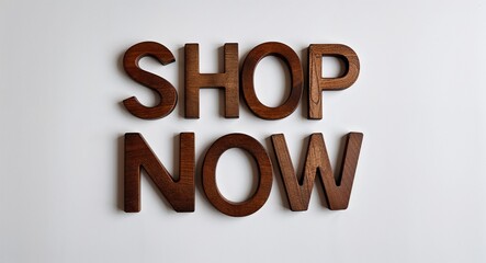 Poster - shop now word made of brown wood letters on plain white background