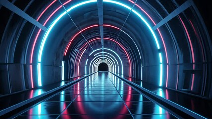 Poster - Futuristic neon tunnel with dynamic light transitions and reflections