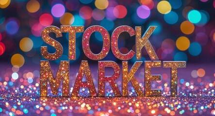 Wall Mural - stock market calligraphic lettering on colorful bokeh glitter festive sparkles background