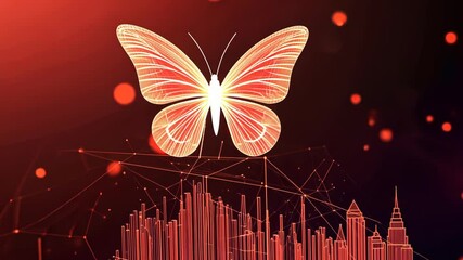 Poster - Neon butterfly flies above glowing cityscape with bokeh lights