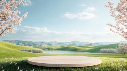 Wall Mural - serene landscape featuring green hills, blooming cherry trees, and tranquil lake under clear sky. This picturesque scene evokes sense of peace and natural beauty