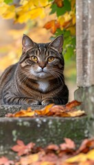 Poster - Autumn Cat Garden Steps Leaves Portrait