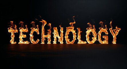 Wall Mural - technology word made of fire flame on black background