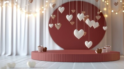 Poster - A whimsical Valentine's Day backdrop with a round red stage, chocolate details, and paper hearts in a glitter setting
