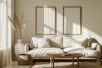 Wall Mural - Create a serene scandinavian inspired living room with white sofa wooden coffee table blank frames and soft sunlight showcasing minimalist design elements