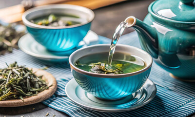 Wall Mural - freshly brewed green tea in blue cups on the table