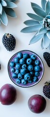 Canvas Print - Blueberry bowl, succulents, berries, white. Food photography