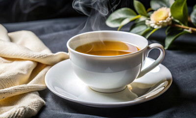 Wall Mural - there is a porcelain cup with hot black tea on the table