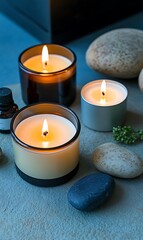 Canvas Print - Burning candles, spa stones, oil, calm scene, relaxation