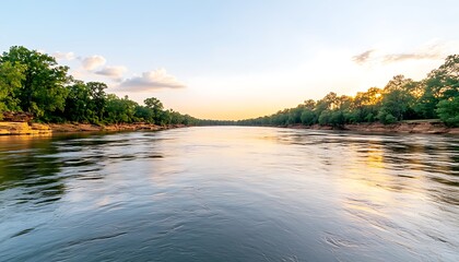 Poster - Calm river sunset, trees, peaceful landscape, travel