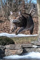 Poster - Cat leaping garden wall, winter