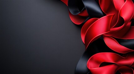 Poster - A close-up of red and black ribbons elegantly arranged on a dark background, creating a striking visual contrast.