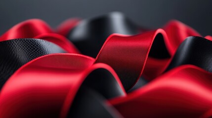 Poster - A close-up view of flowing red and black ribbons, showcasing their elegant curves and textures against a dark background.