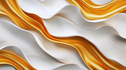 Poster - A close-up of elegant, wavy fabric featuring a blend of white and golden colors, showcasing intricate texture and dynamic shapes.