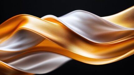 Poster - A flowing ribbon of gold and white fabric elegantly drapes against a dark background, showcasing its smooth texture and shimmering sheen.