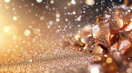 Poster - A close-up view of shimmering golden particles and crystals, creating a magical, sparkling effect against a soft, blurred background.