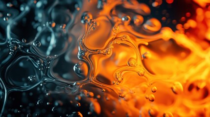 Poster - A captivating close-up image depicting the dynamic contrast between liquid forms of water and fire, showcasing vibrant colors and fluid movement.