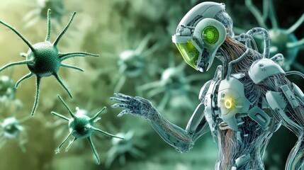 Poster - Futuristic Robot Interacting with Viruses in Abstract Environment