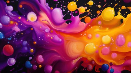 Poster - A vibrant abstract painting featuring swirling colors of purple, pink, yellow, and orange with various bubble-like forms against a dark background.