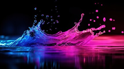 Poster - A vibrant splash of water illuminated by blue and pink light against a dark background, creating a visually striking effect.